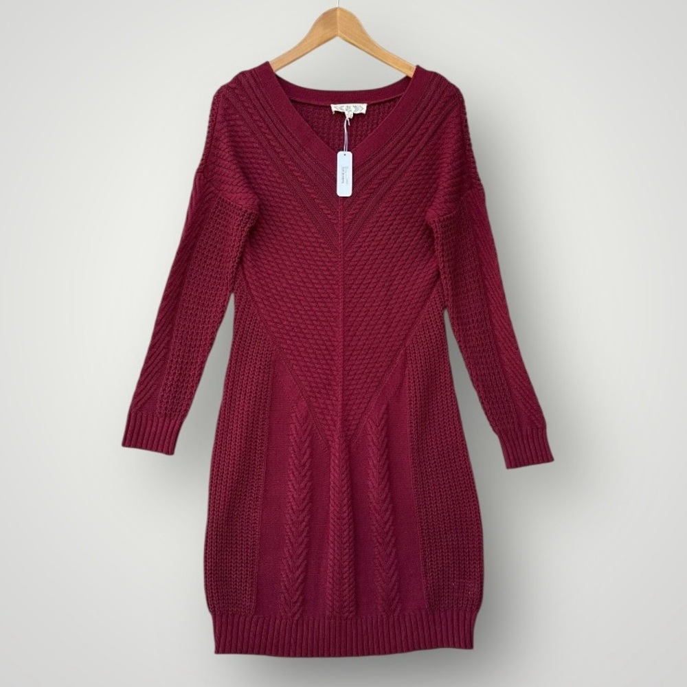 Pink Rose Wine Red V-Neck Cable Knit Sweater Dress